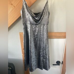 Lulus silver mini, spaghetti straps, cowl neck,‎ Holiday, NYE, Party Dress